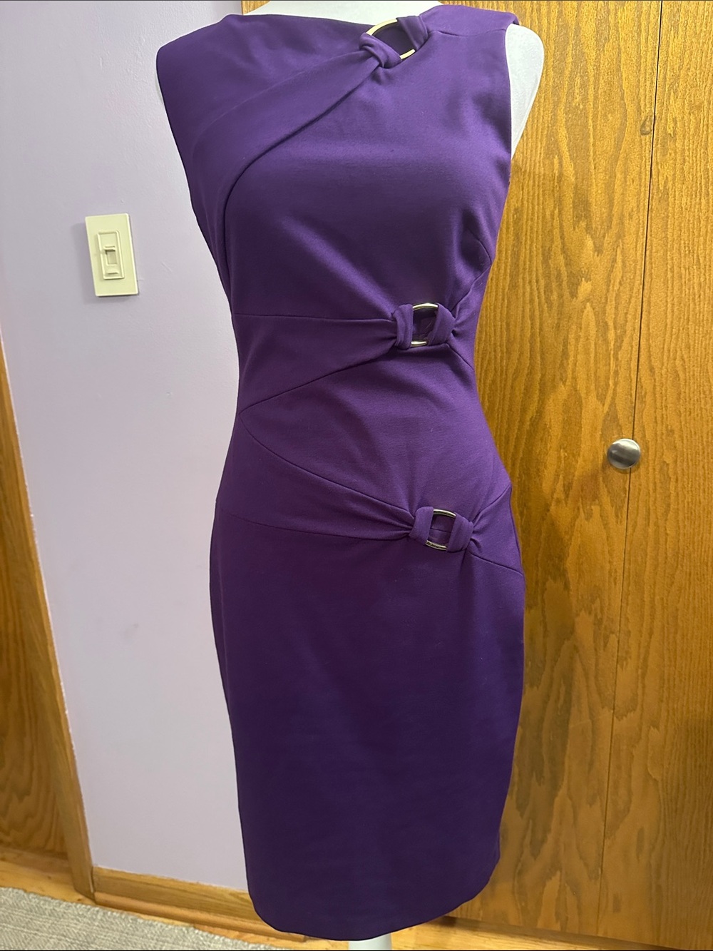 Cache Purple Midi Sheath Dress with Ring Accents